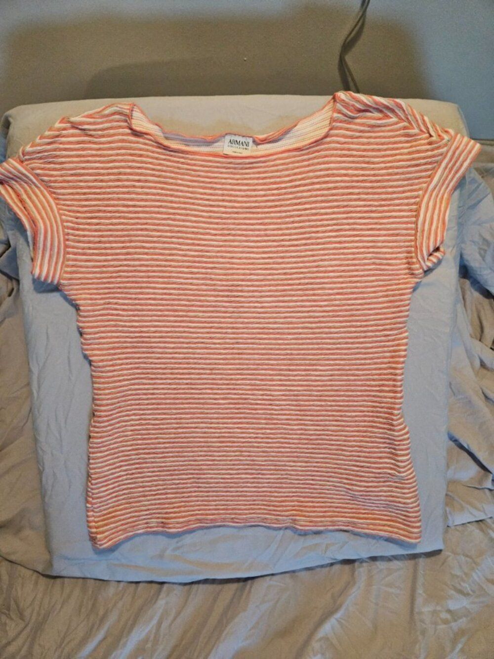 Armani Collezioni Womensโ 10 Coral Orange Cream Striped Textured Cap Sleeve Top